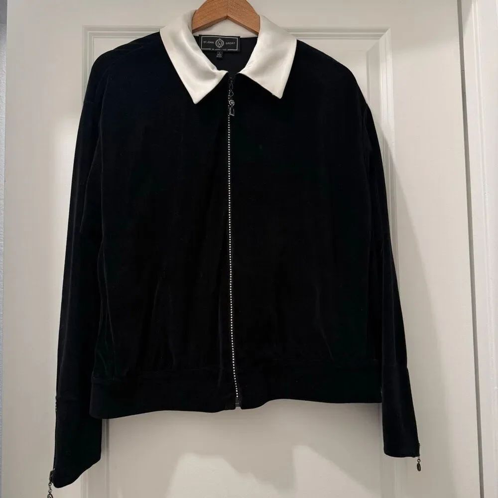 St. John Sport by Marie Gray black white collar Velvet Bomber Jacket Size L